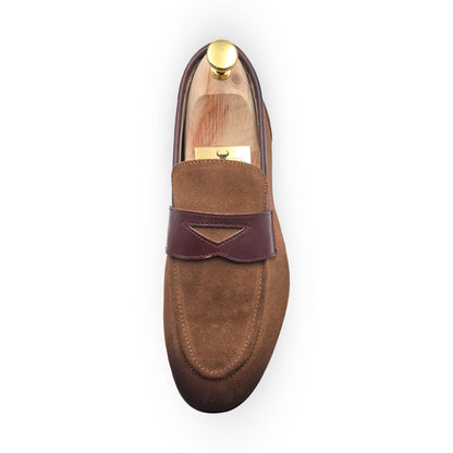 Men's Premium Tan Suede Penny Loafers with Burgundy Leather Strap - Genuine Leather Slip-Ons
