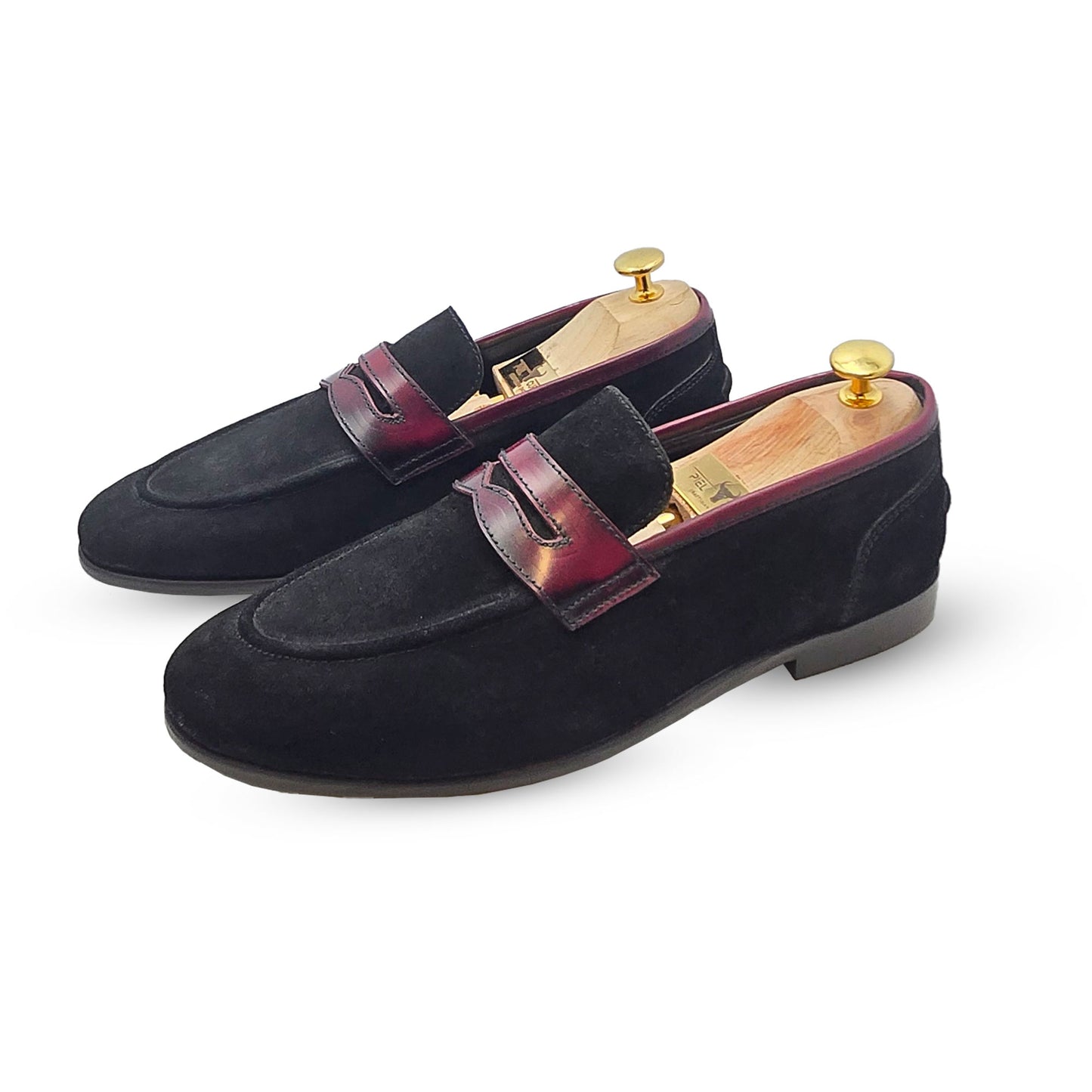 Piel Cuero Genuine Leather Black Suede Penny Loafers with Burgundy Strap - Men's Dress Shoes