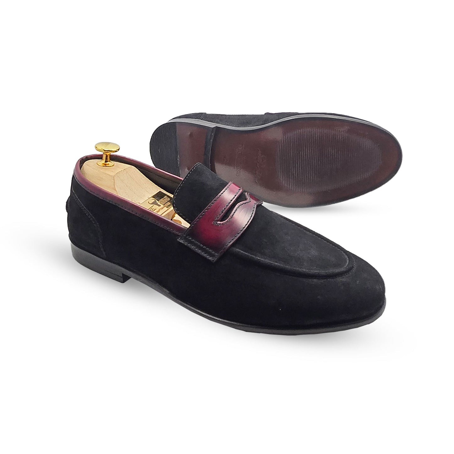 Piel Cuero Genuine Leather Black Suede Penny Loafers with Burgundy Strap - Men's Dress Shoes