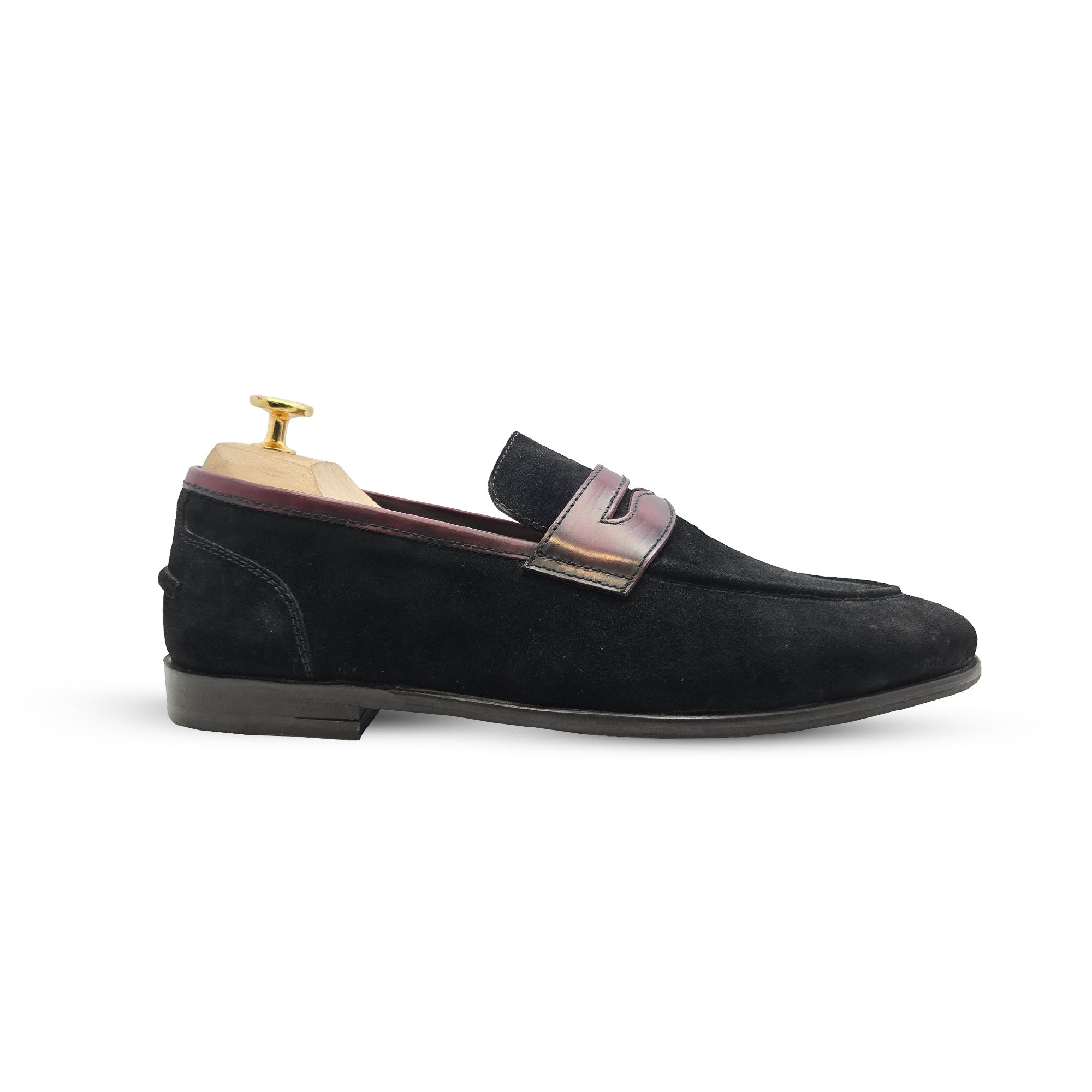 Piel Cuero Genuine Leather Black Suede Penny Loafers with Burgundy Strap - Men's Dress Shoes