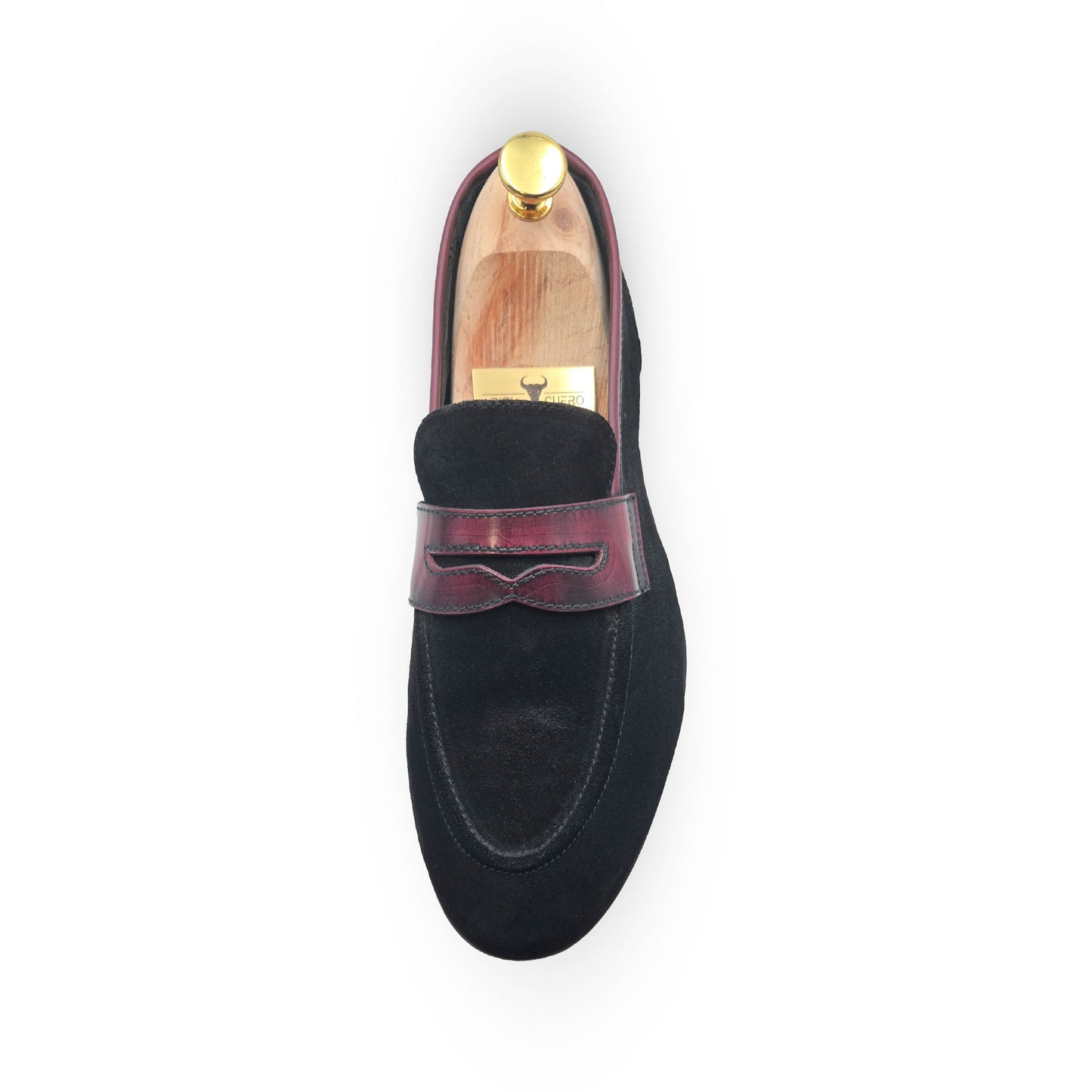 Piel Cuero Genuine Leather Black Suede Penny Loafers with Burgundy Strap - Men's Dress Shoes