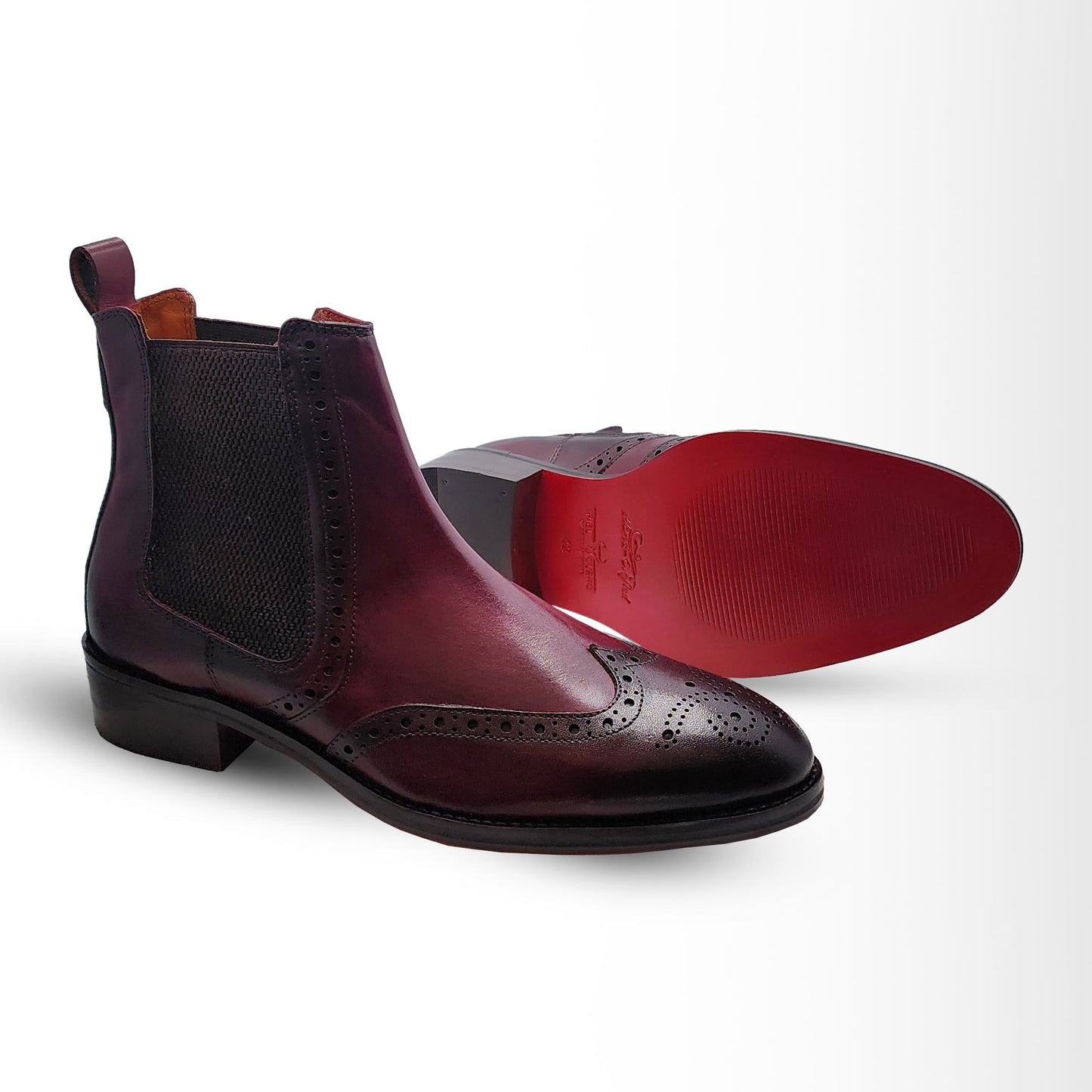 Burgundy Brogue Chelsea Boots | Red Sole Leather