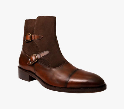 Handcrafted Double Monk Strap Pure Leather Boots – Brown Suede & Calfskin