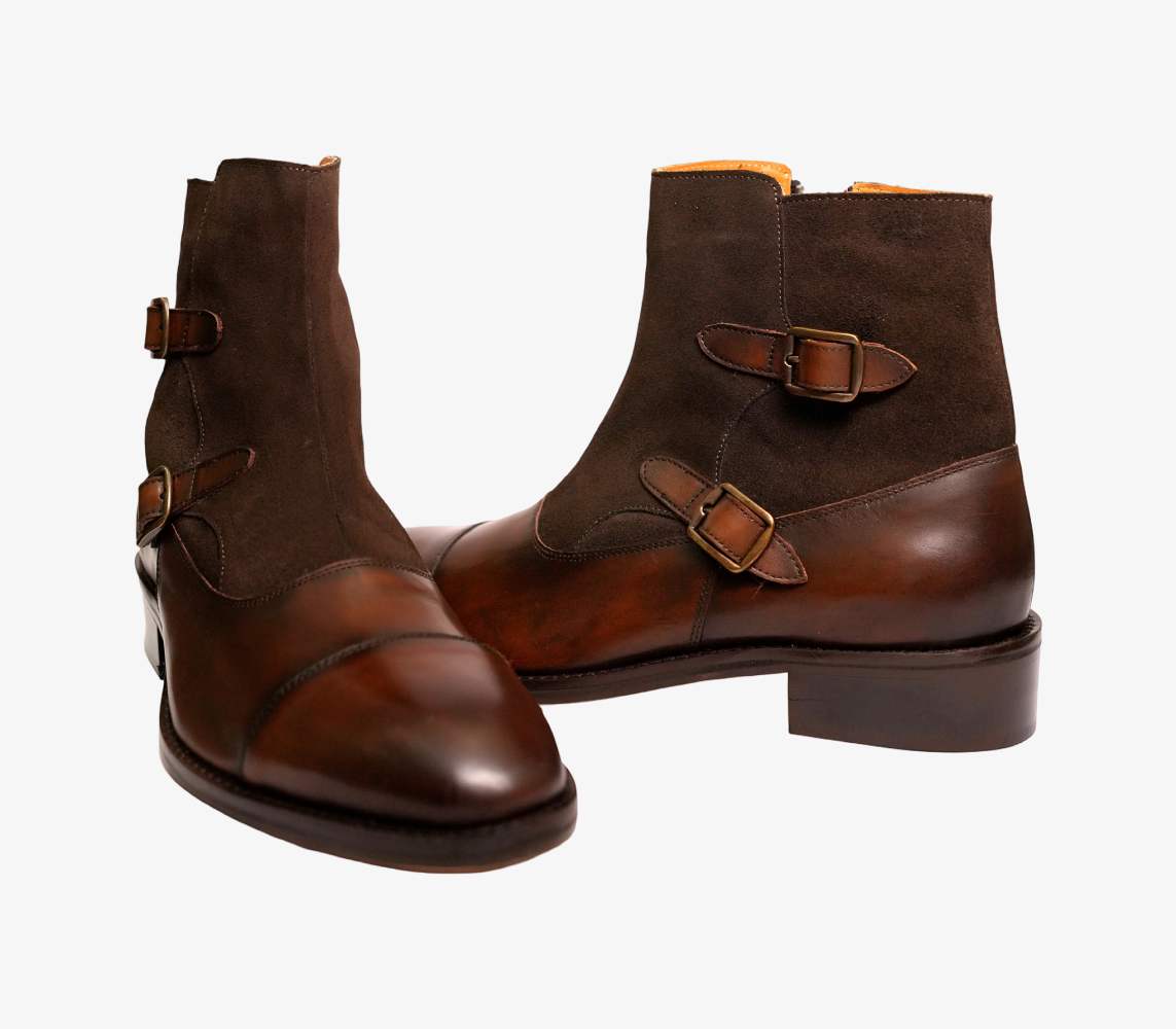 Handcrafted Double Monk Strap Pure Leather Boots – Brown Suede & Calfskin