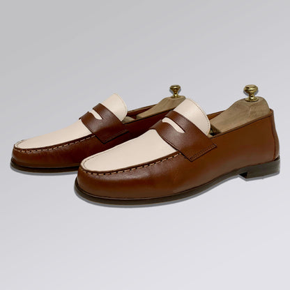 Piel Cuero Two-Tone Genuine Leather Penny Loafers - Men's Dress Shoes Brown-White