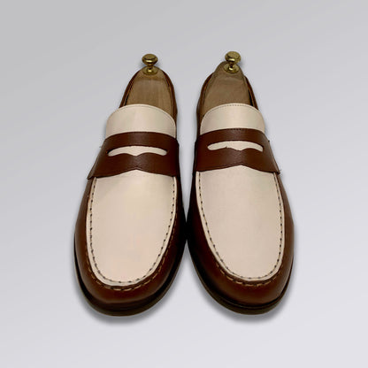 Piel Cuero Two-Tone Genuine Leather Penny Loafers - Men's Dress Shoes Brown-White
