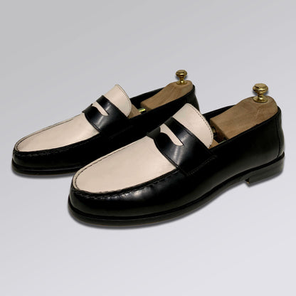 Piel Cuero Two-Tone Genuine Leather Penny Loafers - Men's Dress Shoes Black-White