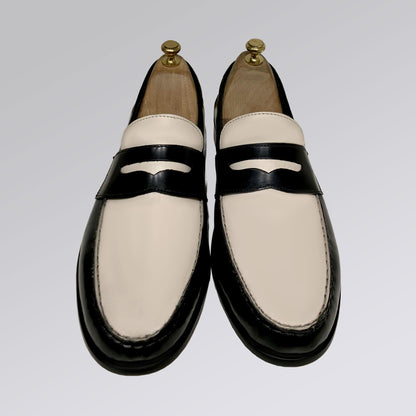 Piel Cuero Two-Tone Genuine Leather Penny Loafers - Men's Dress Shoes Black-White