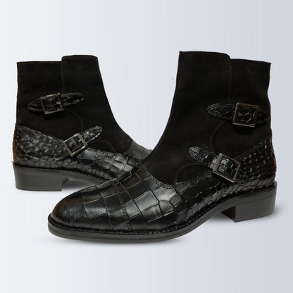 Piel Cuero Men's Black Double Monk Strap Boots with Zipper & Crocodile Pattren Leather