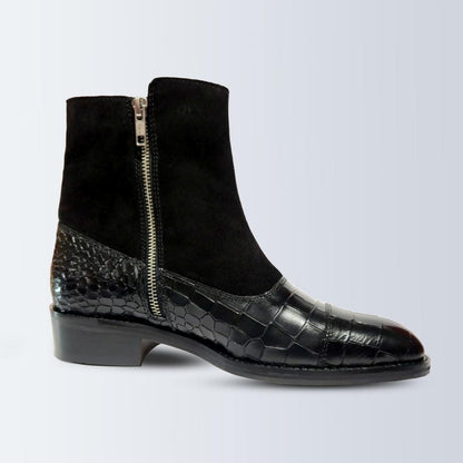 Piel Cuero Men's Black Double Monk Strap Boots with Zipper & Crocodile Pattren Leather