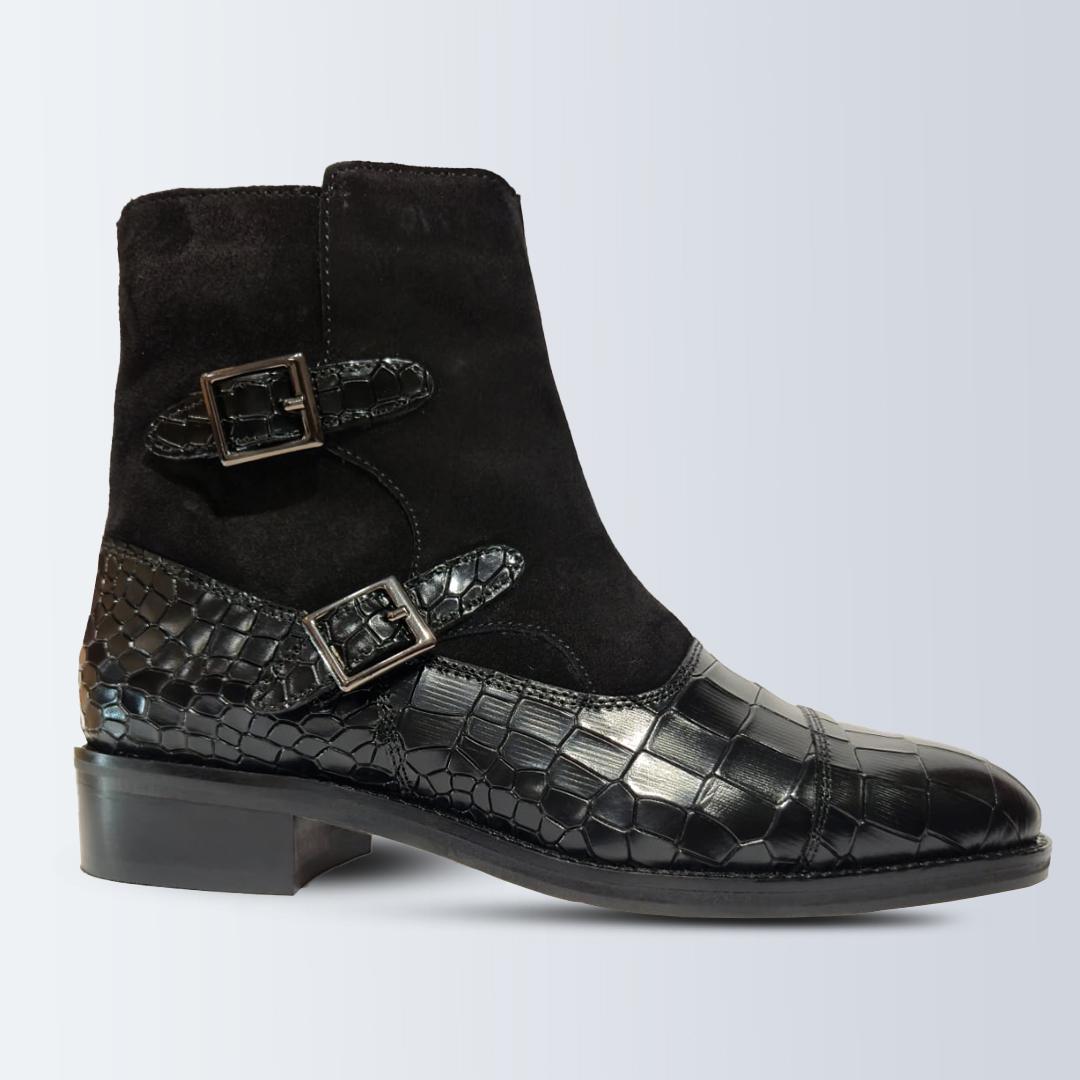 Piel Cuero Men's Black Double Monk Strap Boots with Zipper & Crocodile Pattren Leather