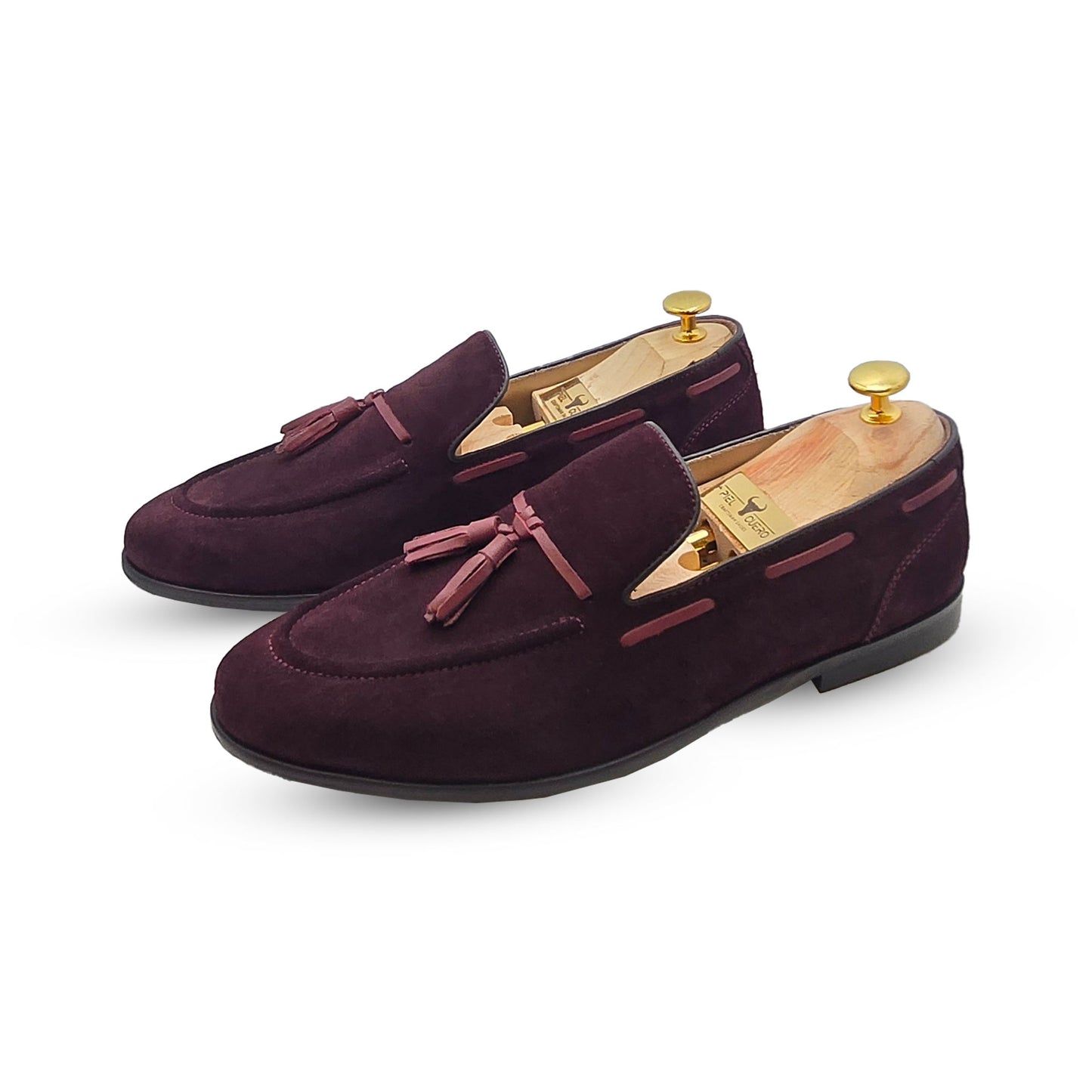 Men's Handcrafted Luxury Burgundy Suede Loafers with Tassels
