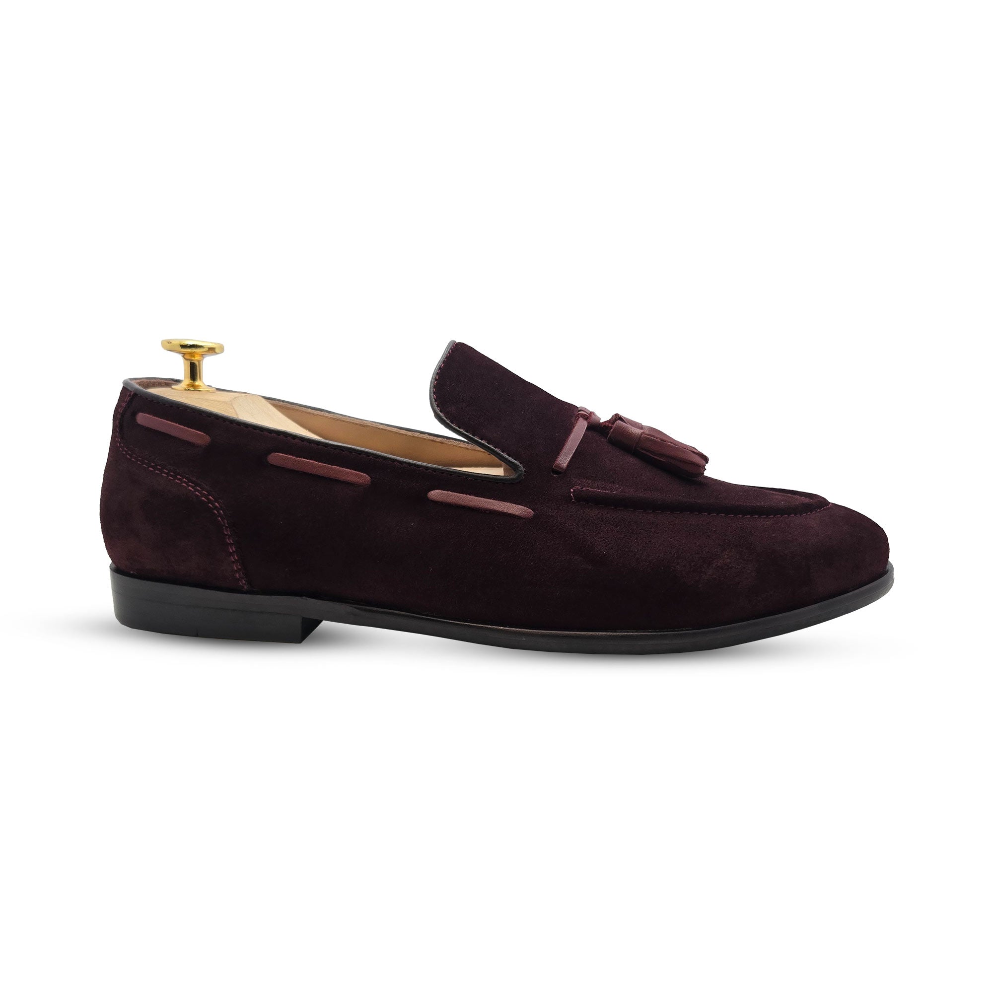 Men's Handcrafted Luxury Burgundy Suede Loafers with Tassels