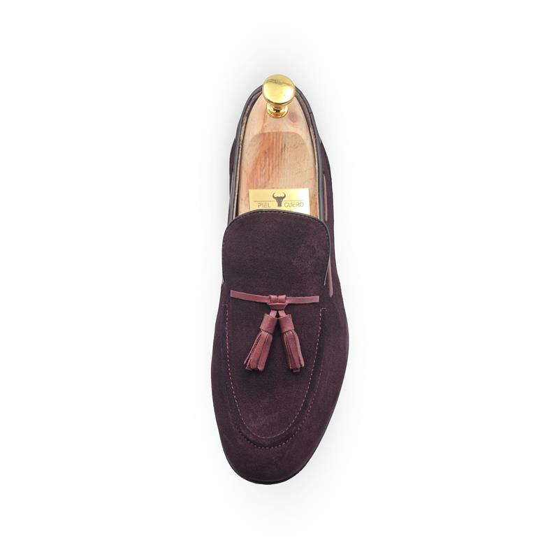 Men's Handcrafted Luxury Burgundy Suede Loafers with Tassels