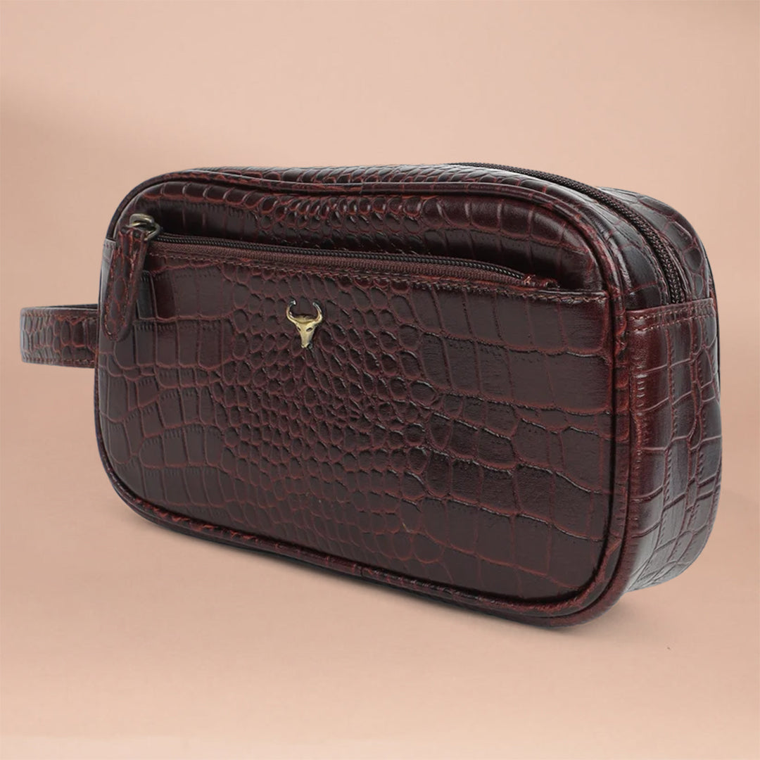 Piel Cuero Men's Genuine Leather Croc-Embossed Utility Pouch/Dopp Kit with Wrist Strap
