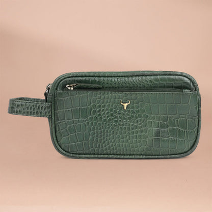 Piel Cuero Green Croc Texture Leather Dopp Kit - Travel Utility Pouch