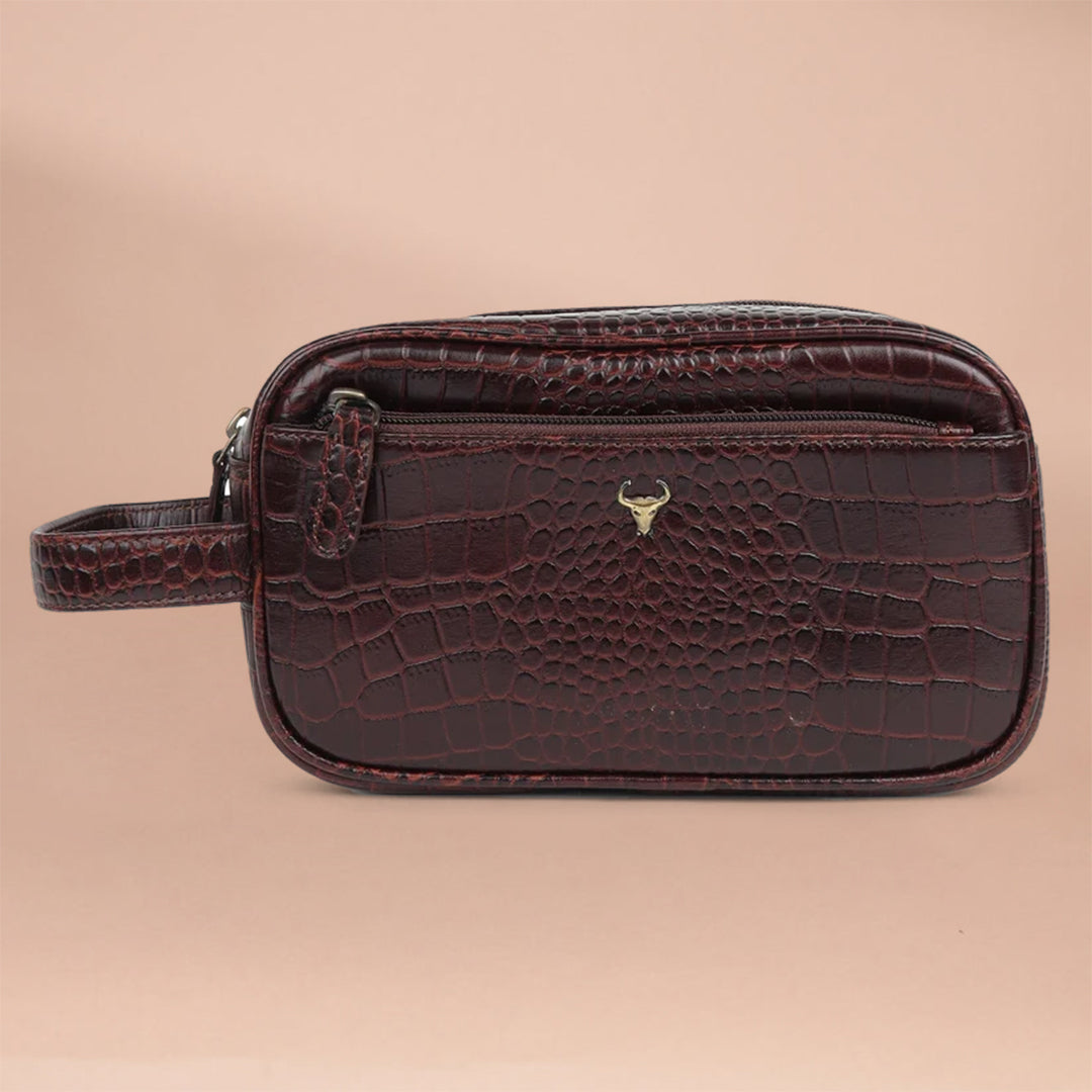 Piel Cuero Men's Genuine Leather Croc-Embossed Utility Pouch/Dopp Kit with Wrist Strap